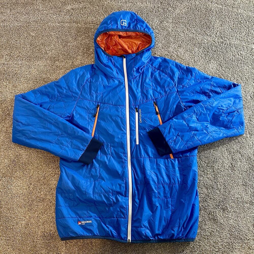 Ortovox Swisswool Hooded Puffer Coat Jacket Men’s XL Blue Orange Wool